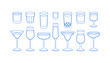 Different cocktail glasses. Line art, retro. Vector illustration for bars, cafes, and restaurants.