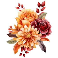 Bouquet of autumn flowers, watercolor autumn floral, rose, peony, dahlia, Isolated on transparent background. Generative AI