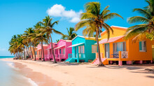 Colorful Houses On Catalina Beach, Dominican Republic With Palm Trees. Generative AI