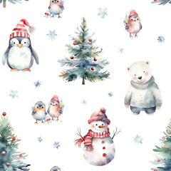 Wall Mural - Watercolor Christmas pattern with snowman, polar bear, penguin, christmas trees and snowflakes isolated on white background. 