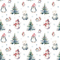 Wall Mural - Watercolor Christmas pattern with snowman, polar bear, penguin, birds, christmas trees and snowflakes isolated on white background. 