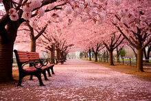 Benches In The Park With Blossoming Cherry Trees. Generative AI