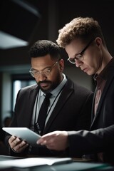 shot of two colleagues brainstorming using a digital tablet in their office, created with generative ai