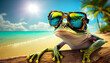Digitaler Frosch mit Sonnenbrille am Strand 3d Vorlage Motiv für Grußkarte aus Sommerurlaub Reiseveranstalter Generative AI 