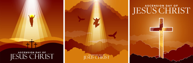 Ascension day of Jesus Christ Greeting Card Poster Set in solemn sunset colors. Jesus rising to heaven in heavenly light above surrounded by clouds. Big cross in watercolor.  Vector Illustration. 