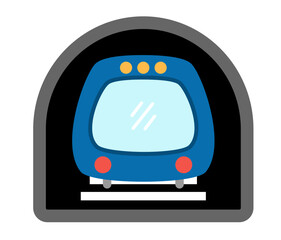 Vector blue metro train front view. Funny underground transportation with wagons for kids. Cute subway vehicle clip art. Public transport icon isolated on white background.