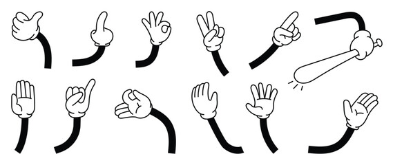 Wall Mural - Set of 70s groovy comic hand vector. Collection of cartoon character hands, in different poses, okay, pointing, victory sign, high five. Cute retro groovy hippie illustration for decorative, sticker.