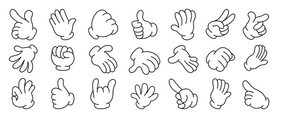 Wall Mural - Set of 70s groovy comic hand vector. Collection of cartoon character hands, in different poses, okay, pointing, victory sign, high five. Cute retro groovy hippie illustration for decorative, sticker.