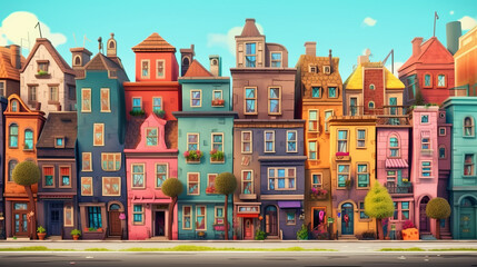 Colorful street full of houses of all colors illustration background