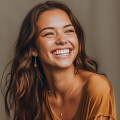 Wall Mural - Outdoor portrait of a smiling long-haired girl. Happy cheerful girl laughing at park