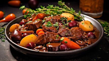 Beef bourguignon plate a traditional French beef stew in red wine sauce and vegetables