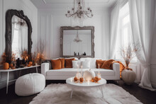 Luxury Modern White Small Living Room With Sofa, Carpet, Large Mirrors Decorated For Halloween.