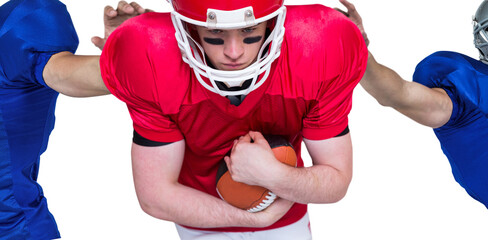 Poster - Digital png photo of caucasian male american football players holding ball on transparent background