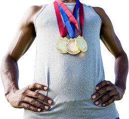 Wall Mural - Digital png photo of african american man wearing medals on transparent background