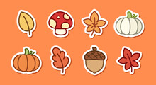 Collection Of Autumn Sticker Cartoon, Fall Thanksgiving Season Elements. Vector Illustration.