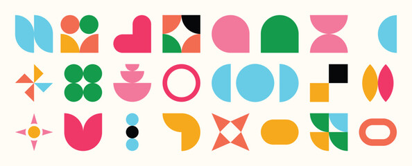 Set of abstract retro geometric shapes vector. Collection of contemporary figure, flower, sparkle, circle in 70s groovy style. Bauhaus Memphis design element perfect for banner, print, sticker, decor.