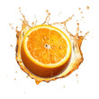 Isolated half of a orange wrapped with a large splash of juice on a cutout PNG transparent background. Generative AI