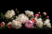 Floral Banner With Vintage Bouquets Of Pink Peonies And White Roses Isolated On Black Background. Generative AI