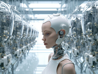 Poster - android woman in biorobot factory, Generative AI