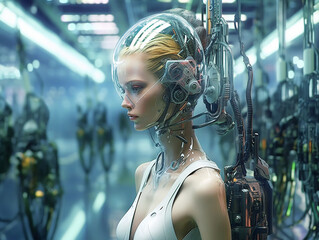 Poster - android woman in biorobot factory, Generative AI