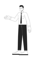 Fototapete - Salesperson presenting flat line black white vector character. Editable outline full body person on white. Confident salesman simple cartoon isolated spot illustration for web graphic design