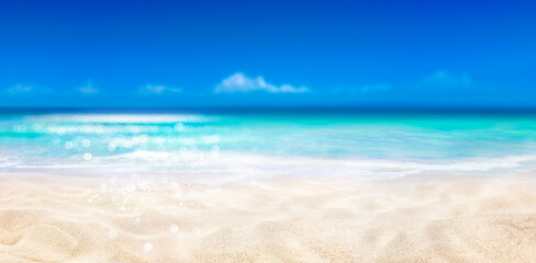tropical sand with blue sea - beach summer defocused background with glittering of sunights