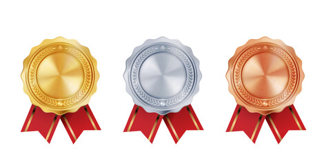 shiny gold, silver, and bronze award medals with red ribbon rosettes. vector collection on white bac