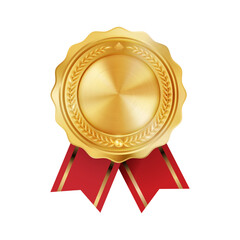 shiny realistic empty gold award medal with red ribbon rosettes on white background. symbol of winne