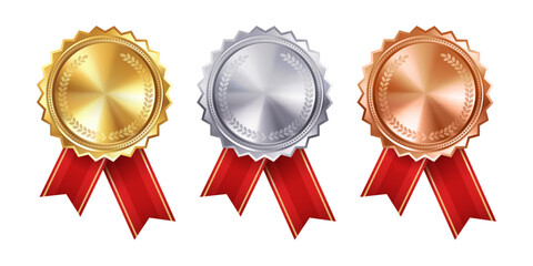 shiny gold, silver, and bronze award medals with red ribbon rosettes. vector collection on white bac