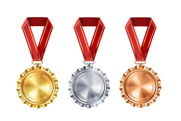 Wall Mural - Set of realistic gold, silver, and bronze empty medals on red ribbons. Sports competition awards for 1st, 2nd, and 3rd place. Championship rewards for victories and achievements