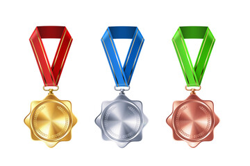 Wall Mural - Set of realistic gold, silver, and bronze empty medals on colorful ribbons. Sports competition awards for 1st, 2nd, and 3rd place. Championship rewards for victories and achievements