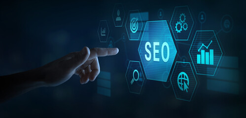 SEO Search Engine Optimization concept, ranking traffic on website, SEO button on touchscreen