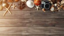 Flatly Top View Beach Accessories Starfish And Seashell On Wooden Background
