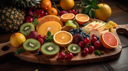  A wooden cutting board with a variety of colorful and freshly sliced fruits