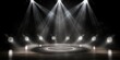 © Graphic Warrior - AI Generated. AI Generative. Spotlight scene show stage concert music event hall party. Round with ligh lamps shine. Graphic Art