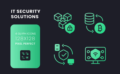 Poster - Data privacy solutions green solid gradient desktop icons. Information protection. Risk management. Pixel perfect 128x128, outline 4px. Glyph pictograms kit for dark theme. Isolated vector images