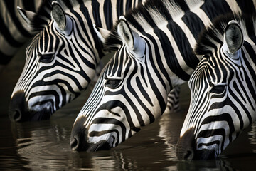 Group of zebras drinking water from the river. Kenya. Tanzania. National Park. Serengeti. Maasai Mara. Amazing African Wildlife. Generative Ai