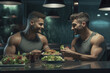 Sporty gay couple on fitness diet eating a healthy green salad with vegetables at home.