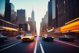 Fototapeta  - Big city sunset evening panorama with retro cars and blurred car headlights and street lights with skyscrapers. Copy space for advertising text. Generative AI.
