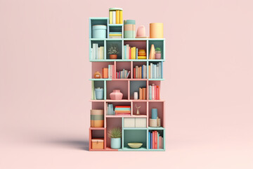 Aufkleber - A pastel-colored geometric-style column bookshelf with geometric compartments and pastel accents, combining functionality and aesthetics.  Generative AI technology.