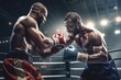 Action shot, boxers in a boxing ring punching each other with spit in the air. Generative AI