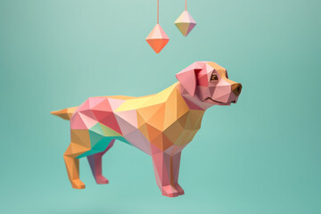 Poster - A pastel-colored geometric-themed dog mobile with hanging geometric shapes and soft pastel tones, creating a playful and artistic display.  Generative AI technology.
