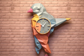 Poster - A pastel-colored geometric-inspired bird wall clock with angular shapes and pastel hues, bringing a touch of whimsy and functionality to your space. Generative AI technology.