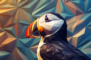 Fototapete - A pastel-colored geometric-themed Puffin illustration with angular shapes and delicate pastel shades, capturing the wisdom and grace of this majestic bird. Generative AI technology.