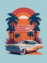 Artwork Of T-shirt Graphic Design Car , Colorful Shades,sunrise Backdrop For Car, Isometric,heat Style