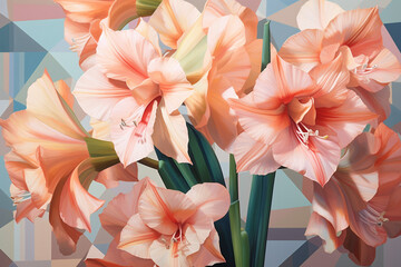 Poster - A pastel-colored geometric-style Amaryllis artwork with intricate geometric shapes and soft pastel hues, showcasing the beauty of nature in a modern design. Generative AI technology.