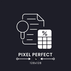 Sticker - Tax Audit white solid desktop icon. Financial inspection. Regulatory analysis. Pixel perfect 128x128, outline 2px. Silhouette symbol for dark mode. Glyph pictogram. Vector isolated image