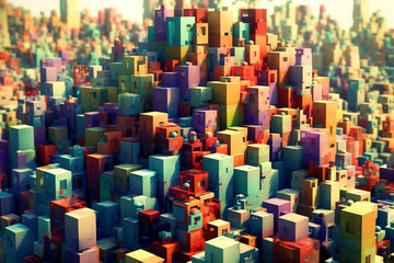 Leinwandbilder - A popular image presents a surreal cityscape with buildings and structures made entirely of interlocking geometric shapes, defying the laws of physics and creating. Generative AI technology.