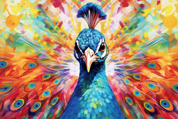 Fototapete - An image depicts a watercolor geometric style portrayal of a colorful peacock, with its feathers composed of geometric shapes and vibrant watercolor washes, Generative AI technology.