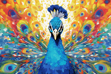 Poster -  A popular image presents a watercolor geometric style illustration of a proud peacock, where its extravagant plumage is represented by a combination of geometric, Generative AI technology.
